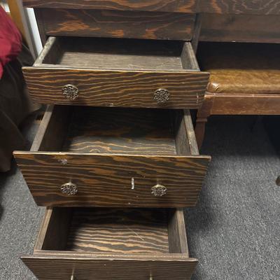 Antique sewing table with chair and alarm clock