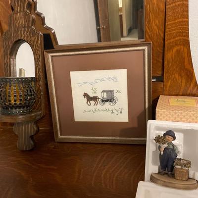 Embroidery decor, Avon figure and wall shelf