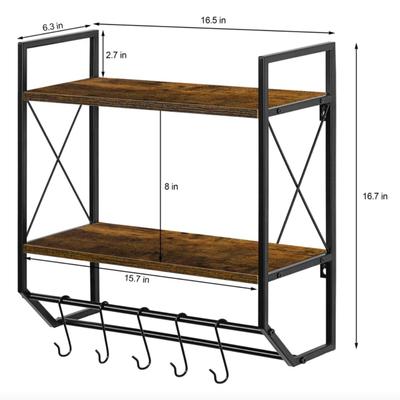 2-Tier Bathroom Shelf with 5 Hooks Towel Bar in Black Iron & Walnut Shelves
