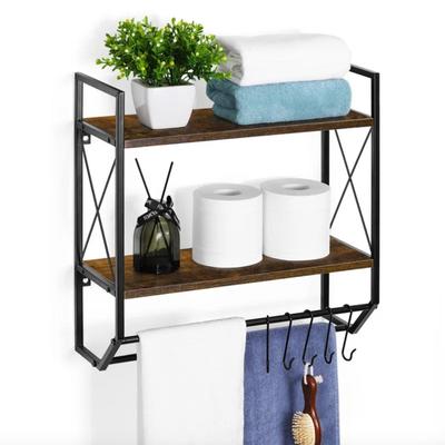 2-Tier Bathroom Shelf with 5 Hooks Towel Bar in Black Iron & Walnut Shelves
