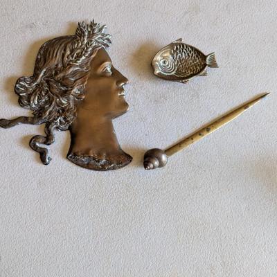 Brass Woman Wall Art Letter Opener & Fish Trinket Dish
