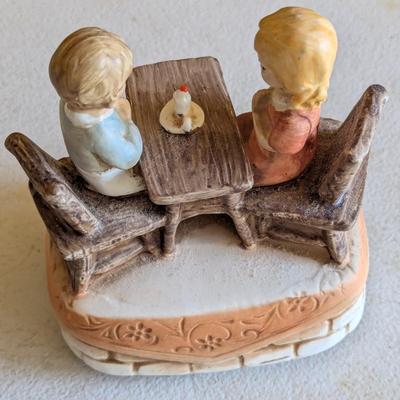 Vintage Music Figurine Sanyo Japan Boy & Girl With Candle & Thomas Kinkade Trinket Dish