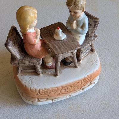 Vintage Music Figurine Sanyo Japan Boy & Girl With Candle & Thomas Kinkade Trinket Dish