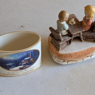 Vintage Music Figurine Sanyo Japan Boy & Girl With Candle & Thomas Kinkade Trinket Dish