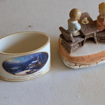 Vintage Music Figurine Sanyo Japan Boy & Girl With Candle & Thomas Kinkade Trinket Dish