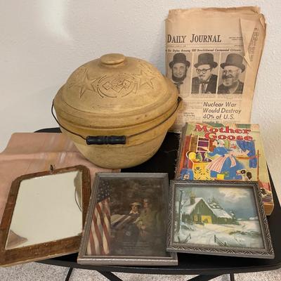 Vintage stoneware bowl with lid, mirror, pictures, book and tablecloth