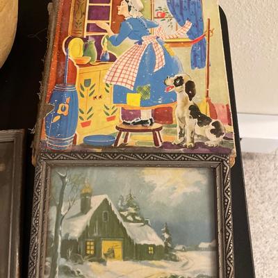 Vintage stoneware bowl with lid, mirror, pictures, book and tablecloth