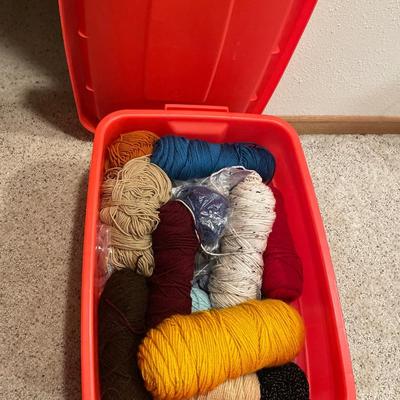 Small red tote of yarn
