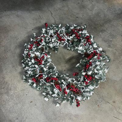 Large frosted tip wreath with electric lights
