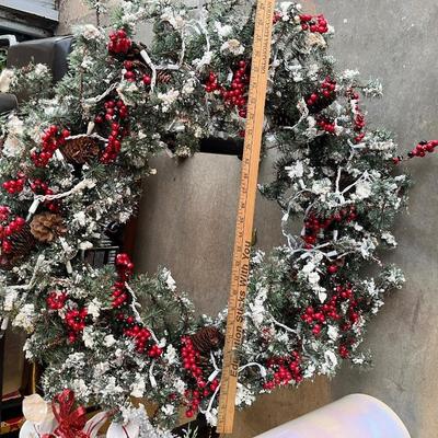 Large frosted tip wreath with electric lights