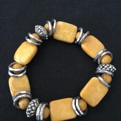 Silver, toned and vintage, yellow jasper stretch bracelet