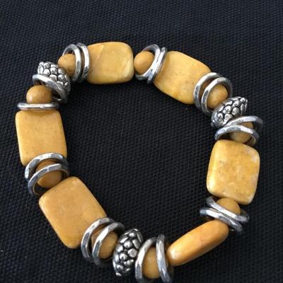 Silver, toned and vintage, yellow jasper stretch bracelet