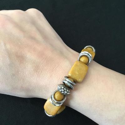 Silver, toned and vintage, yellow jasper stretch bracelet