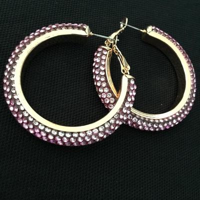 Cute. Light, pink rhinestone, gold, toned, encrusted, rhinestone hoop, earrings