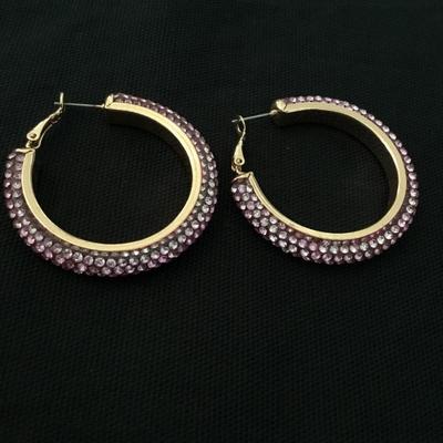 Cute. Light, pink rhinestone, gold, toned, encrusted, rhinestone hoop, earrings