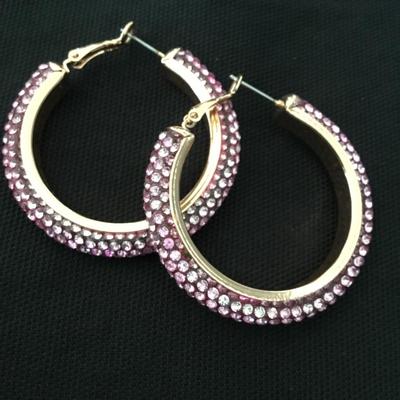 Cute. Light, pink rhinestone, gold, toned, encrusted, rhinestone hoop, earrings