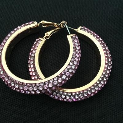 Cute. Light, pink rhinestone, gold, toned, encrusted, rhinestone hoop, earrings