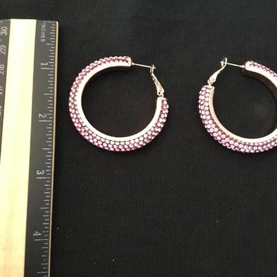 Cute. Light, pink rhinestone, gold, toned, encrusted, rhinestone hoop, earrings