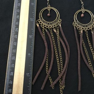 Bronze tone and brown leather BoHo dangle earrings