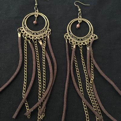 Bronze tone and brown leather BoHo dangle earrings