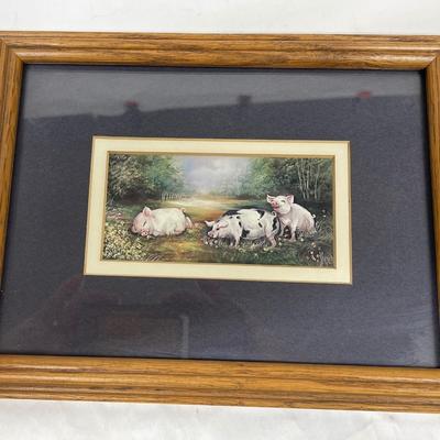 Pair of Small Framed and Matted Prints Farm Animals Pigs Ducks
