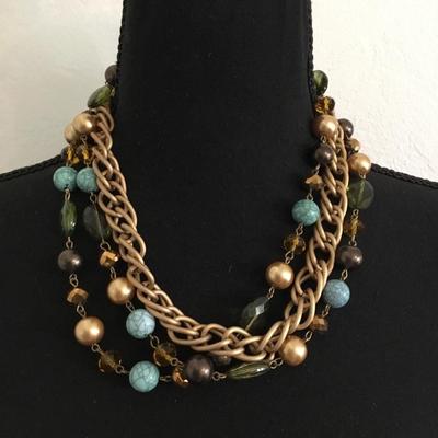 Beautiful three strand lite chain & glass and beaded statement necklace