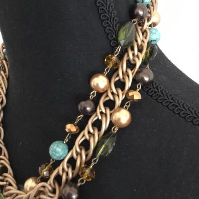 Beautiful three strand lite chain & glass and beaded statement necklace