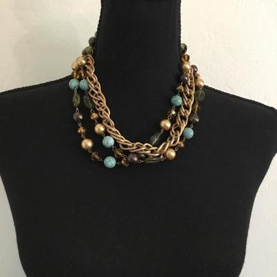 Beautiful three strand lite chain & glass and beaded statement necklace