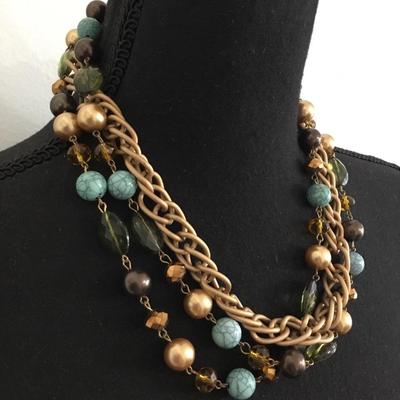 Beautiful three strand lite chain & glass and beaded statement necklace