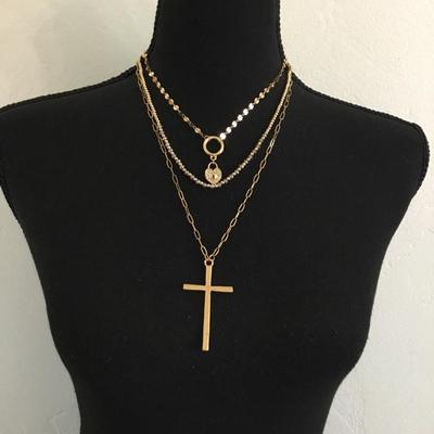 1946 gold toned, layered rhinestone cross fashion necklace