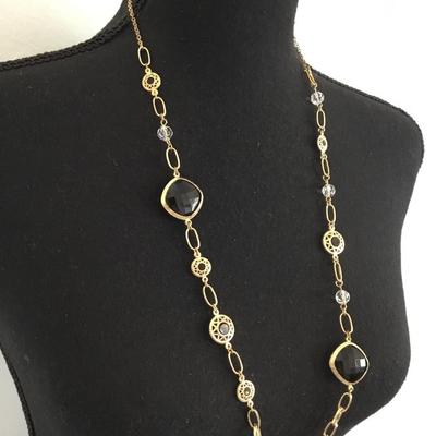 Really pretty gold tone & jet black glass rhinestone and glass beaded fashion, elegant necklace