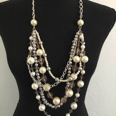 Silver toned, faux, pearl chunky beaded, layered statement, necklace