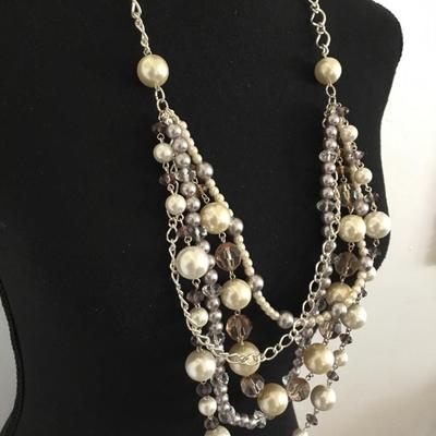 Silver toned, faux, pearl chunky beaded, layered statement, necklace