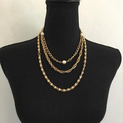 Cute gold tone faux pearl statement, layered necklace