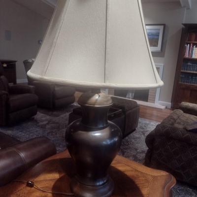 Copper Tone Metal Urn Post Table Lamp with Shade
