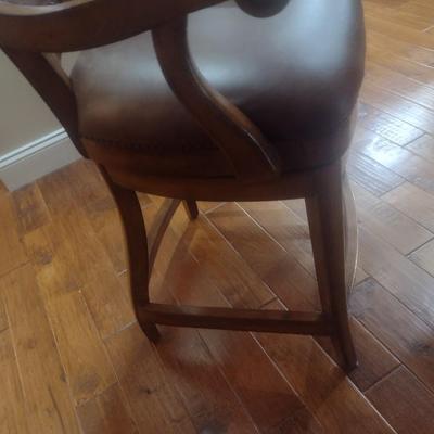 Set of Three Matching Rustic Design Swivel Bar Stools with Wood Frame, Cushioned Seat and Copper Metal Back