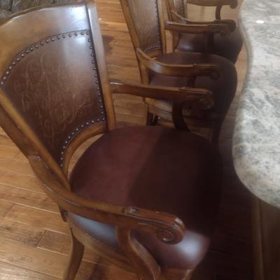 Set of Three Matching Rustic Design Swivel Bar Stools with Wood Frame, Cushioned Seat and Copper Metal Back