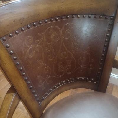 Set of Three Matching Rustic Design Swivel Bar Stools with Wood Frame, Cushioned Seat and Copper Metal Back