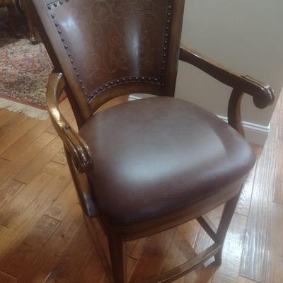 Set of Three Matching Rustic Design Swivel Bar Stools with Wood Frame, Cushioned Seat and Copper Metal Back