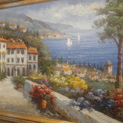 Original Art on Canvas Mediterranean Village on the Ocean