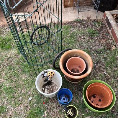 Assorted planters and cart