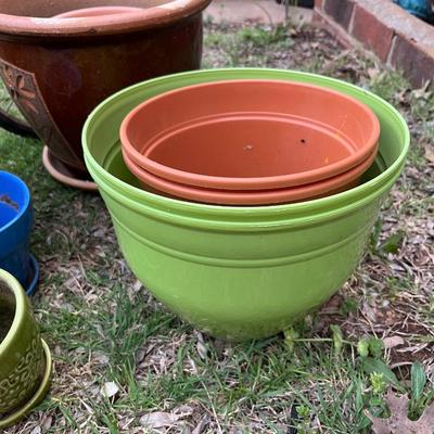 Assorted planters and cart