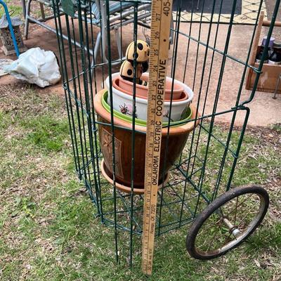 Assorted planters and cart
