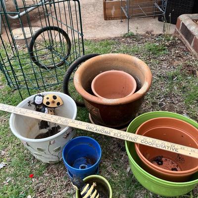Assorted planters and cart