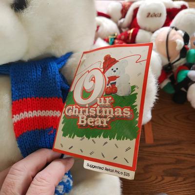 Large Lot of Holiday Plush Mostly Bears ,Snowmans, Keepsake Memories bear