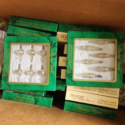 Large Box Filled w Christmas Ornaments & Decor Snowbabies, Glass Icicles ,