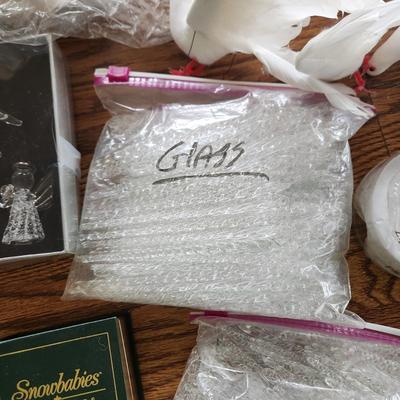 Large Box Filled w Christmas Ornaments & Decor Snowbabies, Glass Icicles ,