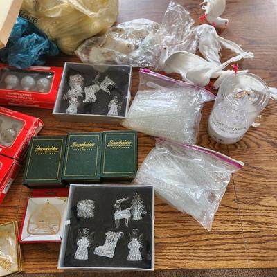 Large Box Filled w Christmas Ornaments & Decor Snowbabies, Glass Icicles ,