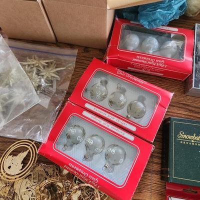 Large Box Filled w Christmas Ornaments & Decor Snowbabies, Glass Icicles ,