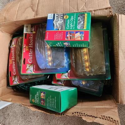 Large box of String Christmas Lights Sets with Boxes of Gutter Hooks & Extension Cords